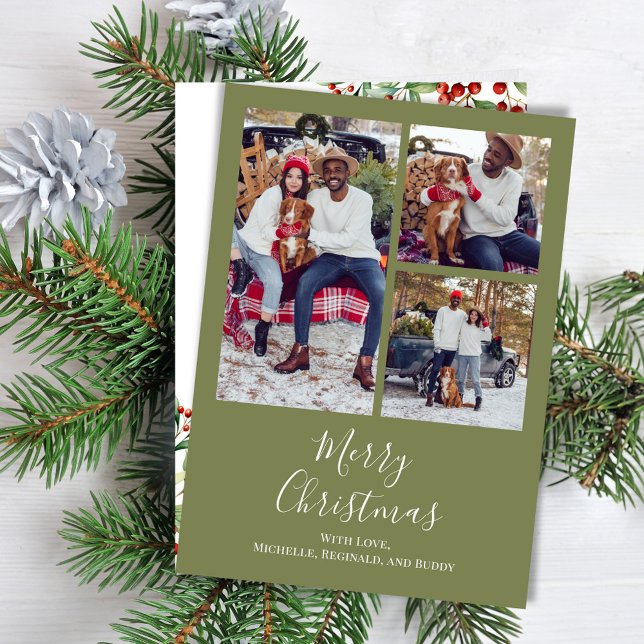 Cartão De Festividades Feliz Natal Multi Foto Botânica Holly (Celebrate the Holidays in style with watercolor greenery and bold solid dark green. )