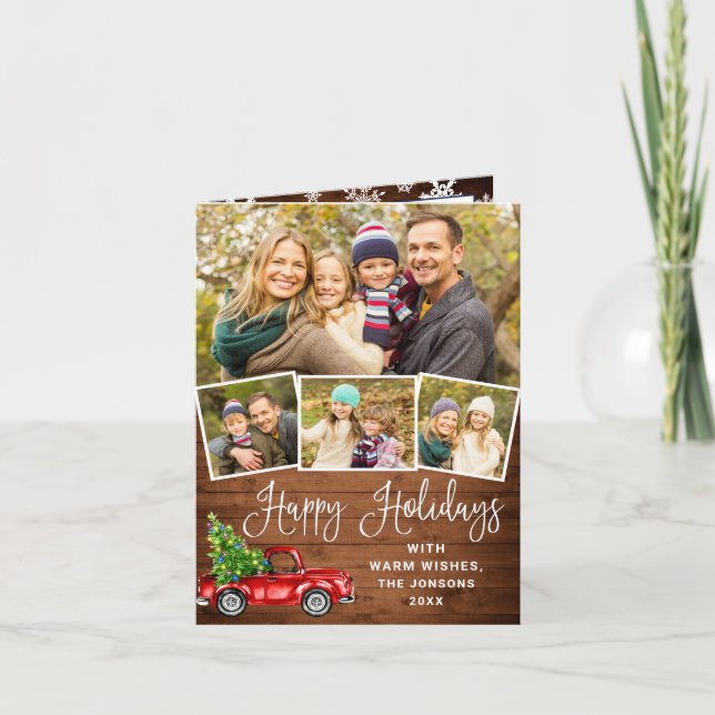 Cartão De Festividades Feliz Natal Natal Caminhão Vermelho Fazenda 4 Foto (Frente)