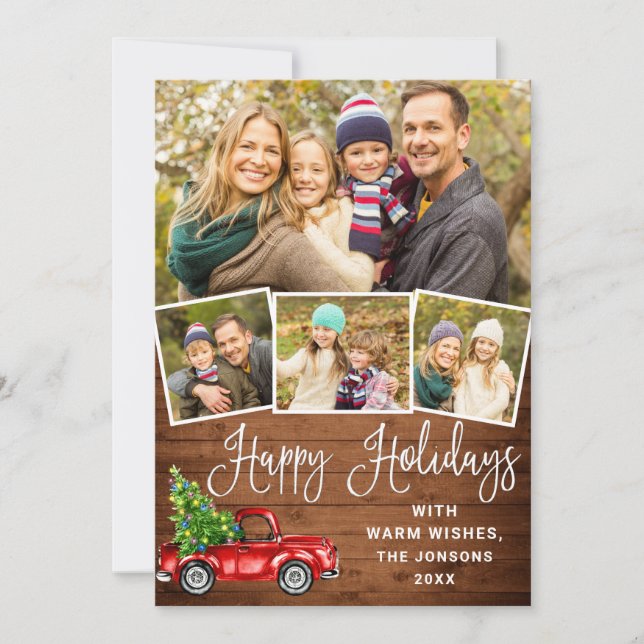 Cartão De Festividades Feliz Natal Natal Caminhão Vermelho Fazenda 4 Foto (Frente)