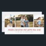 Cartão De Festividades Feliz Natal Novo Ano Moderno 3 Fotocolagem Ho<br><div class="desc">Este design de na moda apresenta uma colagem de 3 fotos com uma saudação moderna,  escrita à mão. Vem com um padrão de queda de neve balbuciosa nas costas.</div>