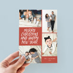Cartão De Festividades Feliz Natal Novo Ano Vermelho 4 Fotografia Colagem<br><div class="desc">Este cartão festivo e multifoto de feriado apresenta o tipo escrito em forma de mão com uma colagem de fotos mostrando 4 das suas fotos. O verso apresenta um padrão de ponto flutuante em cores correspondentes. Basta adicionar suas fotos e texto com alguns toques e cliques e você está pronto....</div>