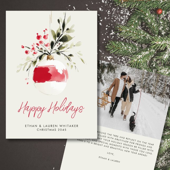 Cartão De Festividades Feliz Natal Ornament de Aquarela Foto de Natal (Personalize your message for a warm holiday touch.)