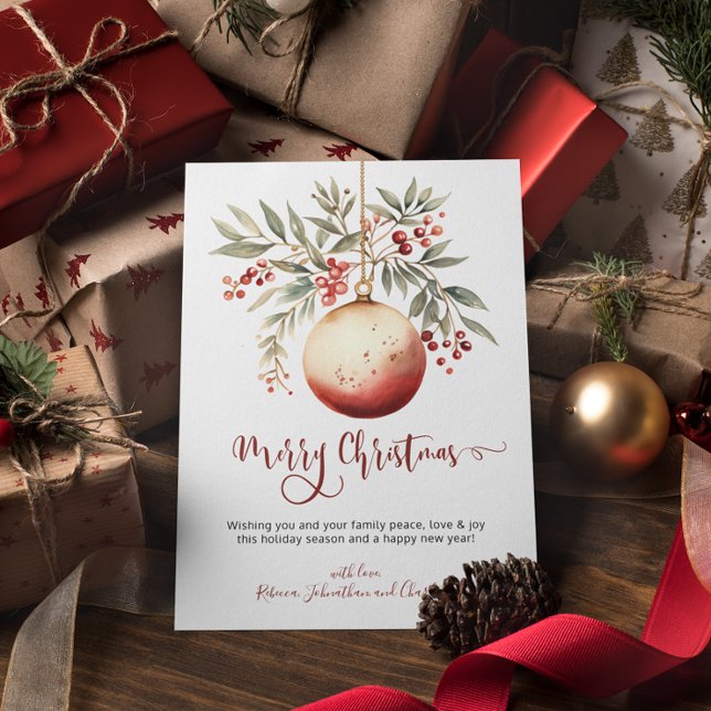 Cartão De Festividades Feliz Natal - Ornamento de Aquarelas Holly Berry (Merry Christmas Watercolor Ornament Holly Berry Holiday Card)