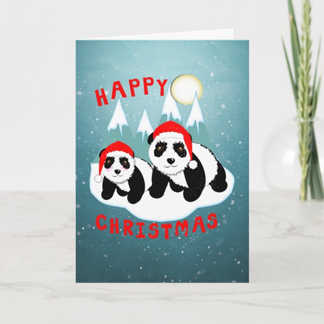 Cartão De Festividades Feliz Natal - Pandas Bonitas Personalizadas (Frente)