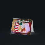 Cartão De Festividades Feliz Natal Papai Noel<br><div class="desc">Cartão de Natal bonito com o Pai Natal a agarrar um biscoito junto com a saudação "Feliz Natal". Use o modelo para adicionar sua mensagem personalizada em vermelho no dentro. Este moderno cartão de Natal não fotográfico é excelente para qualquer pessoa que queira um cartão cartões de natal sem fotografias....</div>