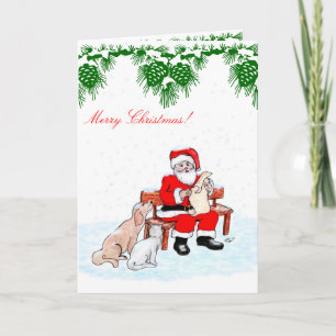 Cartão De Festividades Feliz Natal - Papai Noel com Gato e Cachorro