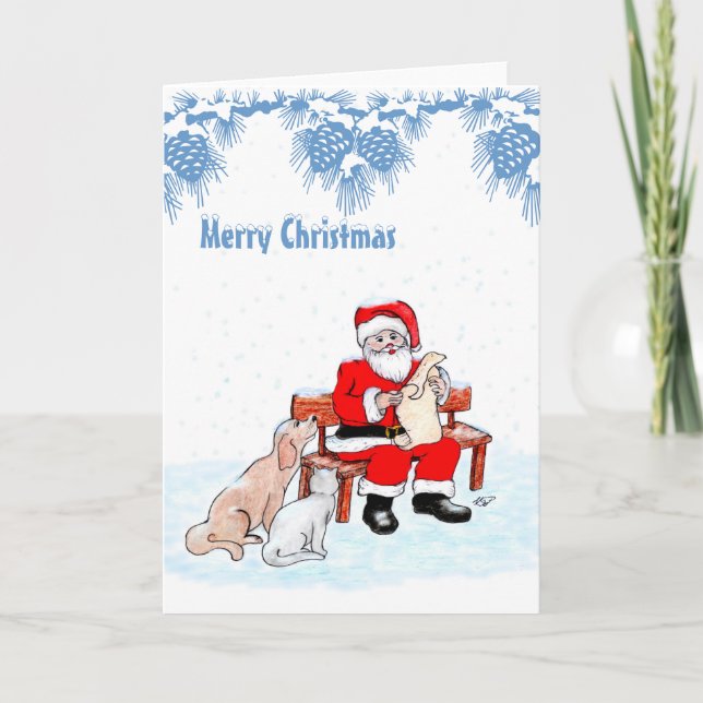Cartão De Festividades Feliz Natal - Papai Noel com Gato e Cachorro (Frente)