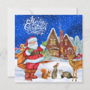 Cartão De Festividades Feliz Natal Papai Noel e Animais da Floresta