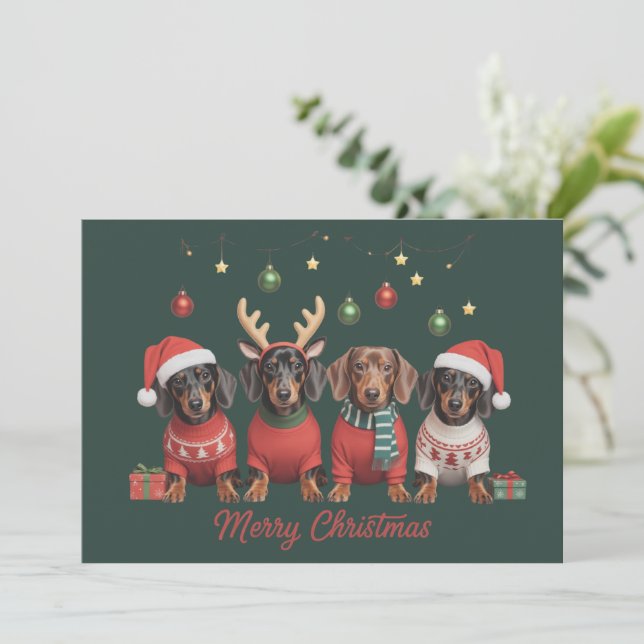 Cartão De Festividades Feliz Natal Papai Noel Rena Dachshund Salsicha  (Em pé/Frente)