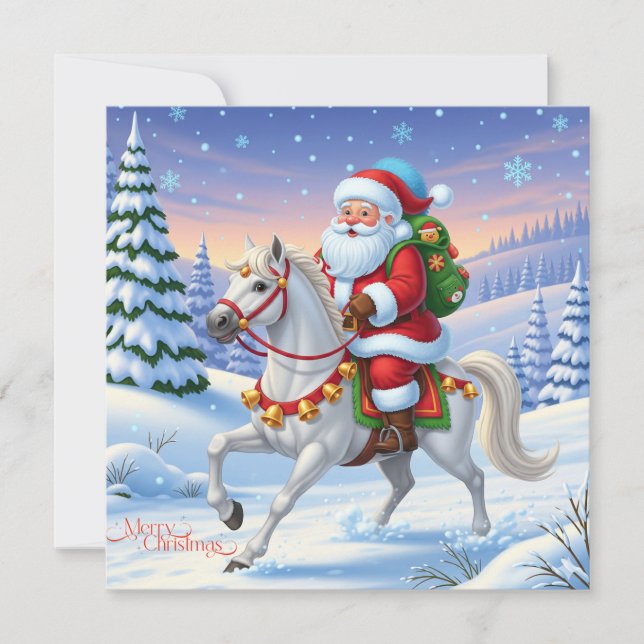 Cartão De Festividades Feliz Natal Papai Noel sobre Cavalo Branco (Frente)