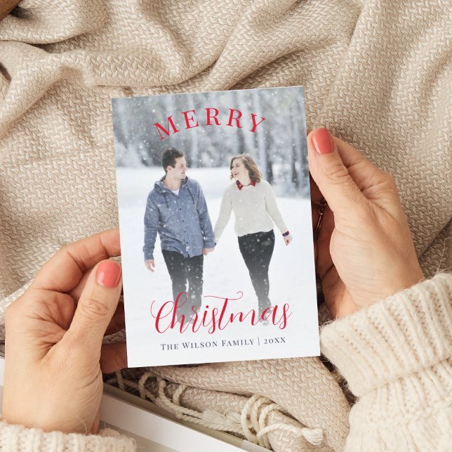 Cartão De Festividades Feliz Natal para Fotografia Vermelha Elegante (Criador carregado)