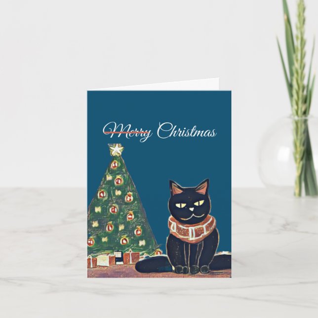Cartão De Festividades Feliz Natal Personalizado Gato Negro Irritado (Frente)
