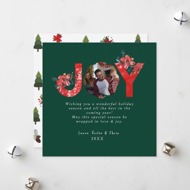 Cartão De Festividades Feliz Natal Personalizado Verde 1 Foto Joy (Frente/Verso In Situ)