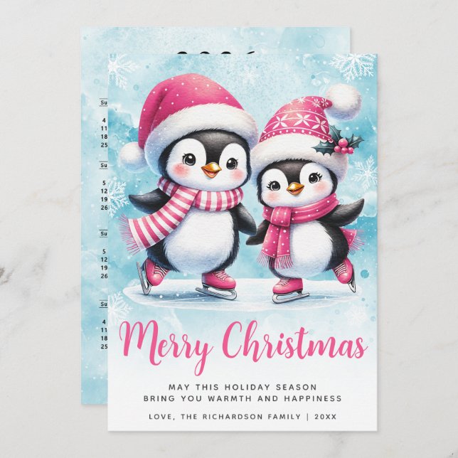 Cartão De Festividades Feliz Natal Pinguim Gelado Pinguim Pintado Rosa (Frente/Verso)