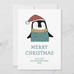 Cartão De Festividades Feliz Natal. Pinguim Papai noel de inverno engraça