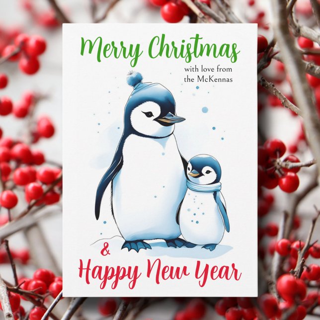 Cartão De Festividades Feliz Natal Pinguins de Aquarela Cristão (Criador carregado)
