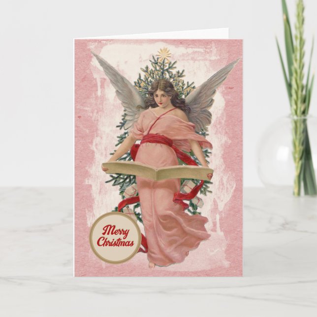 Cartão De Festividades Feliz Natal Pink Angel Tree Book Religião (Frente)