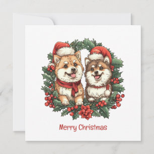 Cartão De Festividades Feliz Natal Pomeranianos Cães Mistletoe Wreath