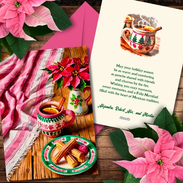 Cartão De Festividades Feliz Natal Ponche & Churros Rosa Mexicano (Criador carregado)