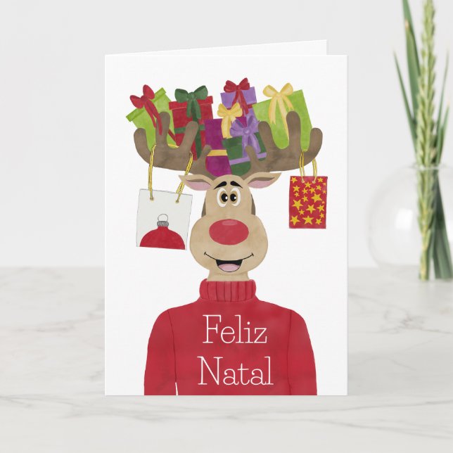 Cartão De Festividades Feliz Natal, Português Gifts Reindeer (Frente)