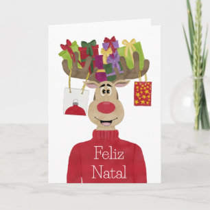 Cartão De Festividades Feliz Natal, Português Gifts Reindeer
