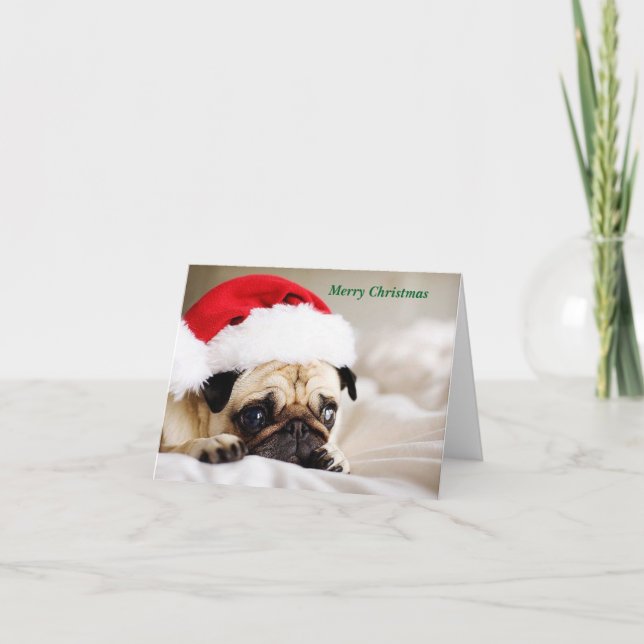 Cartão De Festividades Feliz Natal Pug Puppy (Frente)