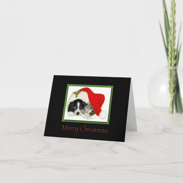 Cartão De Festividades Feliz Natal Puppy e Kitten Card (Frente)