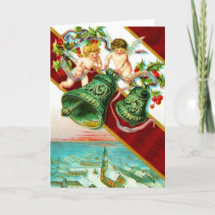 Cartão De Festividades Feliz Natal, querubs e sinos