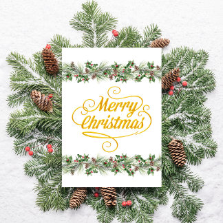 Cartão De Festividades Feliz Natal Ramos de Pinheiro Pinhas Azevinho