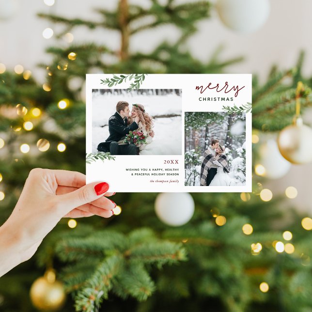 Cartão De Festividades Feliz Natal | Ramos verdes 2 Foto (Criador carregado)