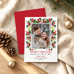 Cartão De Festividades Feliz Natal Recém-Casados Moldura de Foto de Holly