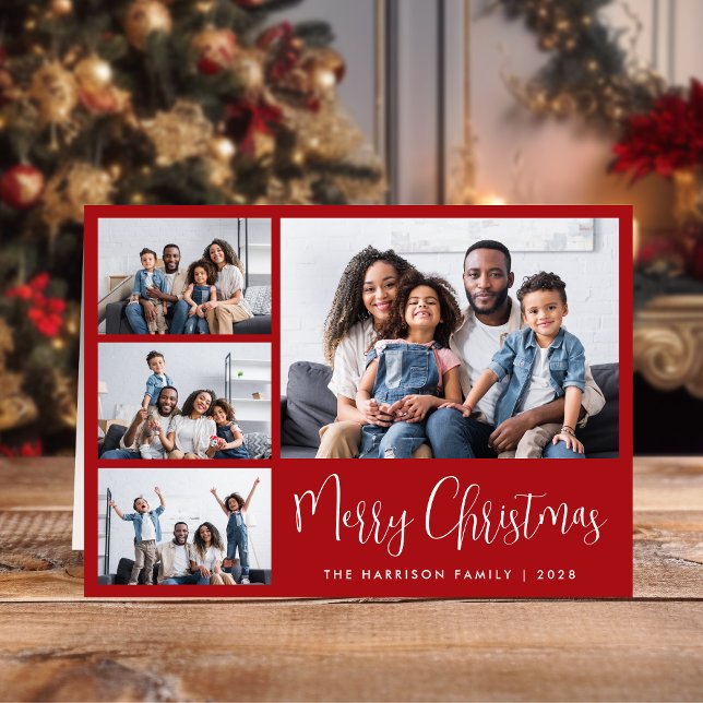 Cartão De Festividades Feliz Natal Red 4 Foto (Share the love and warmth of the season with a personalized 4 photo Christmas card)