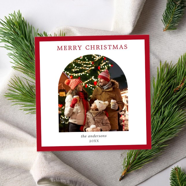 Cartão De Festividades Feliz Natal Red Border Minimalist Arch Photo (Criador carregado)