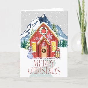 Cartão De Festividades Feliz Natal Red Country House Mountain Snow