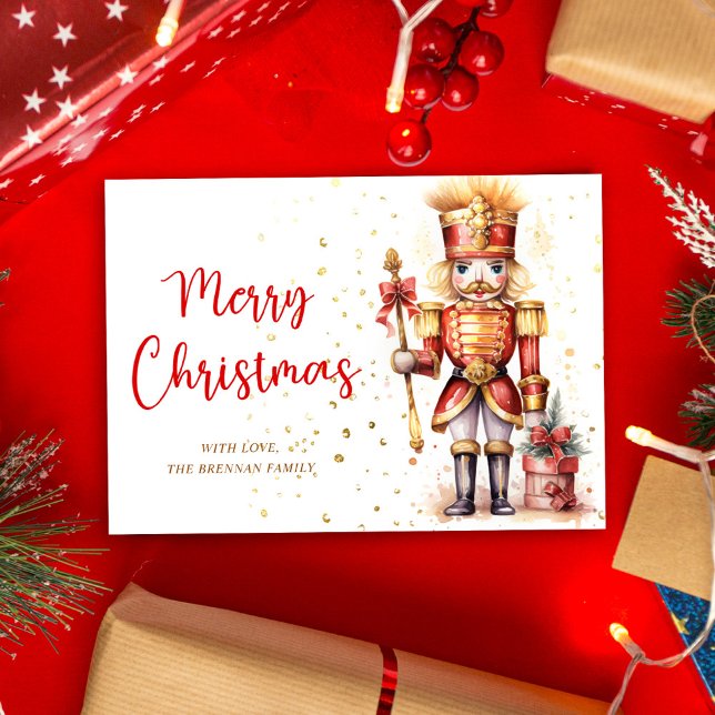 Cartão De Festividades Feliz Natal Red Dourado Nutcracker (Merry Christmas Red Gold Nutcracker Holiday Card)
