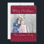 Cartão De Festividades Feliz Natal Red e Silver Foto das Estrelas de Folh<br><div class="desc">Feliz Natal Vermelho,  Borgonha,  Marsala e Cartão com fotos das Estrelas de Silver Foil. A imagem e o nome da família podem ser substituídos no Cartão de Natal de Feliz Natal azul e prateado.</div>