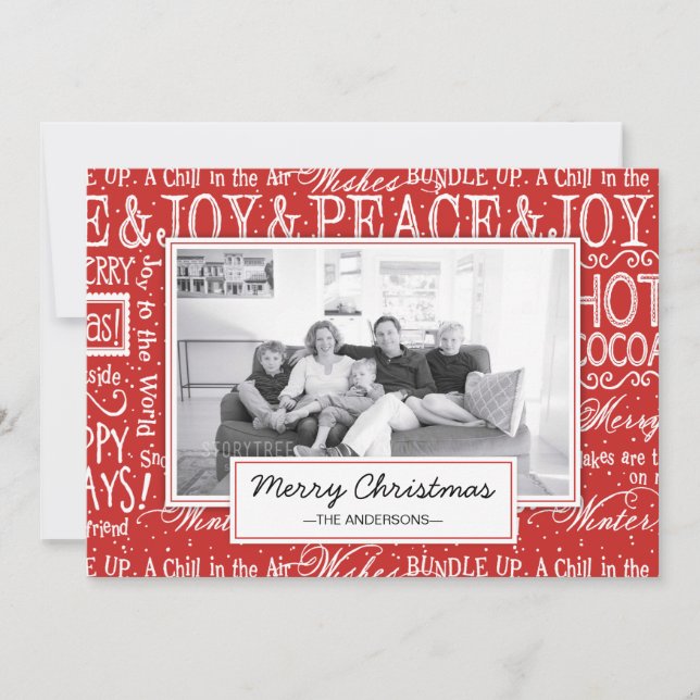 Cartão De Festividades Feliz Natal, Red e White Verse Family Foto (Frente)