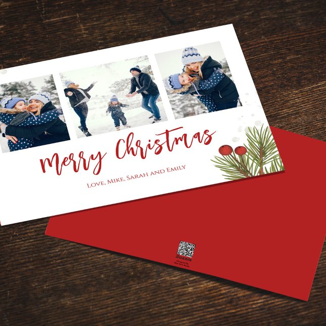 Cartão De Festividades Feliz Natal Red Holly Berries 3 Foto (Merry Christmas watercolor greenery holiday photo card with a three-photo template. )