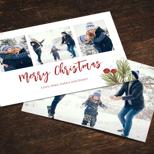 Cartão De Festividades Feliz Natal Red Holly Berries 4 Foto (Merry Christmas watercolor greenery holiday photo card with a four-photo template. )