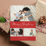 Cartão De Festividades Feliz Natal Red Script 3 Collage Multi-Foto<br><div class="desc">Apresentando um roteiro de pincel moderno em vermelho com 3 de suas fotos. Vem com uma foto nas costas também.</div>
