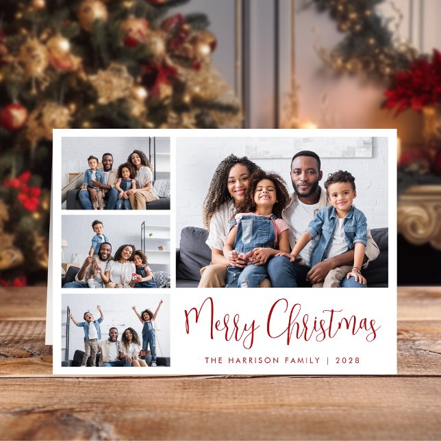 Cartão De Festividades Feliz Natal Red Script 4 Foto (Share the love and warmth of the season with a personalized photo Christmas card)