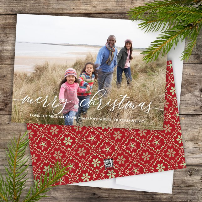 Cartão De Festividades Feliz Natal Red Snowflake 1 Foto (Merry Christmas Calligraphy Script holiday photo card with elegant snowflake pattern)