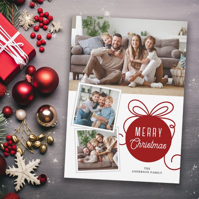Cartão De Festividades Feliz Natal Red Tree Ornament 3 Fotos (Criador carregado)