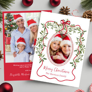 Cartão De Festividades Feliz Natal Red Wavy Frame Arco Greenery Foto
