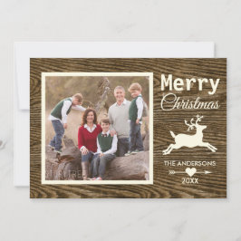Cartão De Festividades Feliz Natal Reindeer Rustic Wood Family Foto