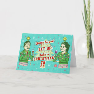 Cartão De Festividades Feliz Natal Retro Bebendo Casal de Humor Acendeu