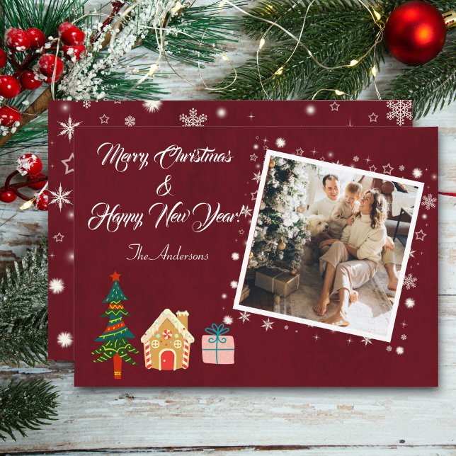 Cartão De Festividades Feliz Natal Ruby Wine Family Photo (Criador carregado)