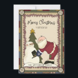 Cartão De Festividades Feliz Natal, Rustic Country Papais noeis e Snowman<br><div class="desc">Feliz Natal Rustic Country Papais noeis e Snowman - Papais noeis primitivos russos todos vestidos no seu melhor Natal é entregar ao seu amigo Frosty o seu chapéu de topo. Papais noeis e Snowman estão ao lado de uma árvore de Natal. O cartão é emoldurado com bagas vermelhas e gingham....</div>