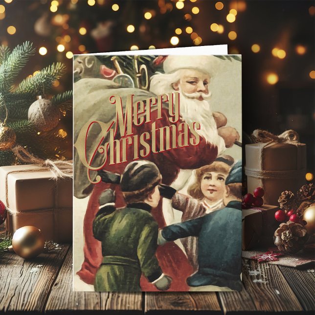 Cartão De Festividades Feliz Natal Saudação aos Papais noeis de Natal (Vintage Christmas cards gold foil Christmas card with retro Santa Claus)