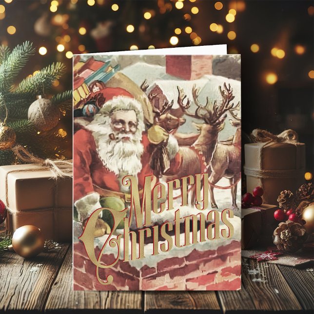 Cartão De Festividades Feliz Natal Saudação aos Papais noeis de Natal (Vintage Christmas cards gold foil Christmas card with retro Santa Claus)